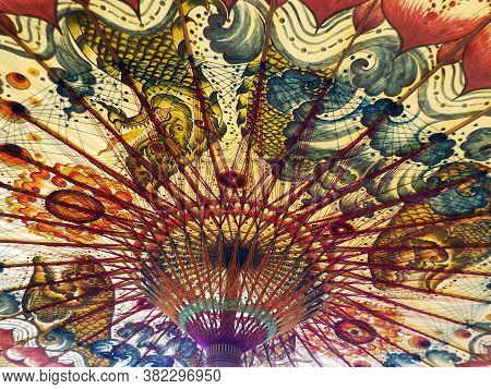 Bor Sang, Chiang Mai, Thailand, December 22, 2018: Colorful Drawing And Interior Structure Of An Umb