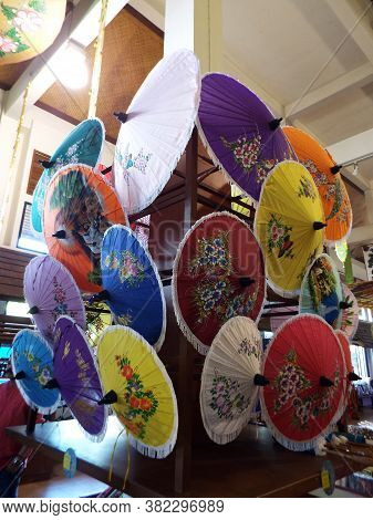 Bor Sang, Chiang Mai, Thailand, December 22, 2018: Parasols Displayed For Sale At The Bor Sang Umbre