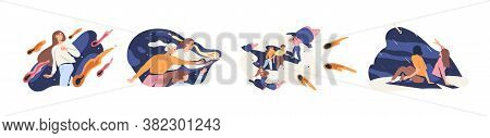Set Of People With Meteor Rain Or Shooting Star Vector Flat Illustration. Collection Of Man And Woma