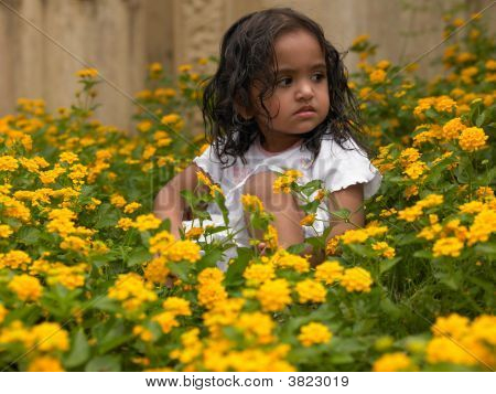 アジアの女の子の顕花植物の間で