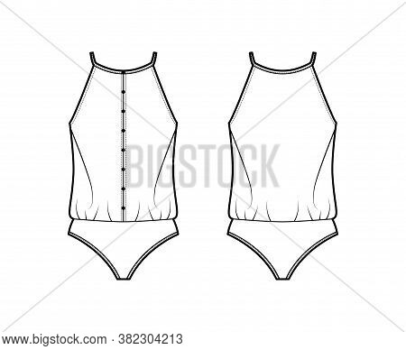 Camisole Bodysuit Technical Fashion Illustration With Relaxed Fit, Thin, Racerback Straps, Row Of Bu