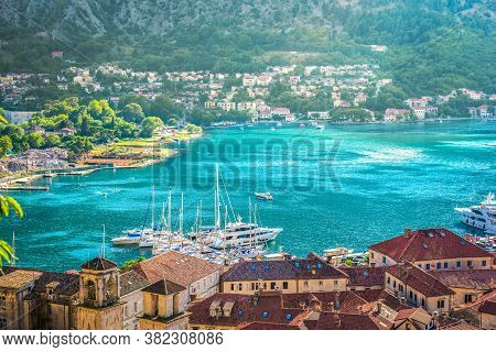 Moored Boats In A Harbor Of Kotor. Rooftop View