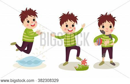Naughty Boy Jumping On Pillow And Treading Down Flowers Vector Illustration Set