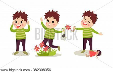 Naughty Boy Putting Out Tongue And Breaking Doll Vector Illustration Set
