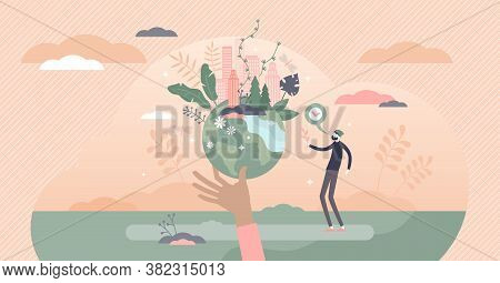 Sustainability In Urban City Bio Resources Consumption Tiny Persons Concept. Green Environment Solut