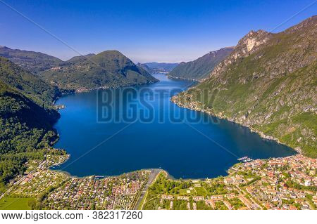 Aerial View Of Lake Lugano Seen From Porlezza, Cima, Lombardia, Italy