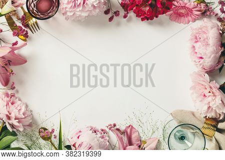 Cultery, Glasses And Flowers - Spring And Festive Table Setting Concept