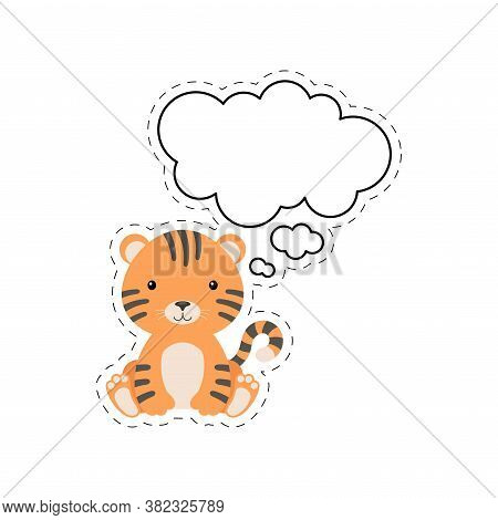 Cute Cartoon Tiger With Speech Bubble Sticker. Kawaii Character On White Background. Cartoon Sitting