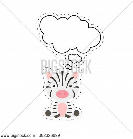 Cute Cartoon Zebra With Speech Bubble Sticker. Kawaii Character On White Background. Cartoon Sitting