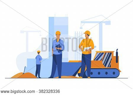 Builders In Helmets Working At Construction Site. Machine, Building, Worker Flat Vector Illustration