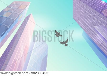 Skyscraper Building In City Space In Flat Style Concept Bottom View And Birds Doves In The Sky. Mode