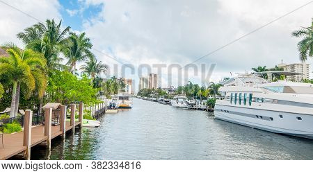 Luxury Houses And Yachts In Las Olas Isles In Fort Lauderdale. Florida, Usa