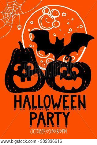 Halloween Party Vertical Poster Template. Promotional Flyer Featuring Hand Drawn Silhouette Pumpkins