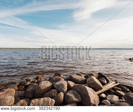 Huge Stones On The River Bank. Vuoksa River Near Imatra In The Leningrad Region, Russia. Coastline W