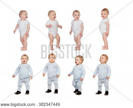 Images of a baby starting to walk isolated on a white background