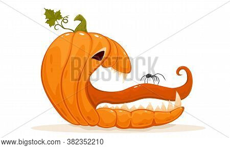 Spider On The Tongue Of A Scary Pumpkin. Jack O' Lantern Isolated On White Background. Halloween The