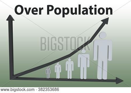 3d Illustration Of Over Population Title Above A Column Bars Graph Replaced By Human Silhouettes, Is