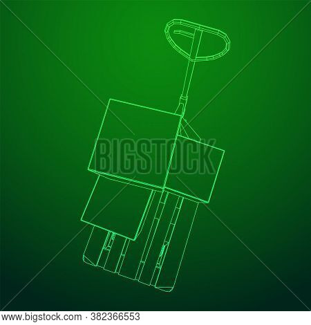 Hand Pallet Jack Lift With Pallet And Stacked Goods Cardboard Boxes. Manual Forklift. Logistics Ship