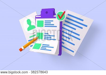 Form 3d Render And Profile 3d Render Illustration. Document With Personal Information 3d Style. Prof