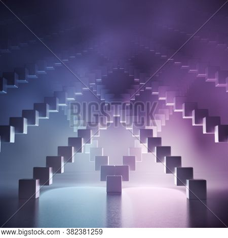 Abstract shape made with cubes in neon light duotone colors. Energy and show background. 3D render