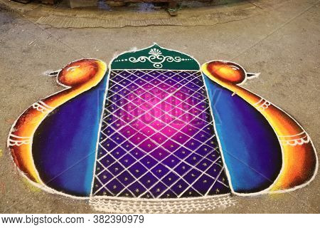 A Rangoli Art Painting Decoration On The Floor. Traditional Indian Festival Of Diwali.