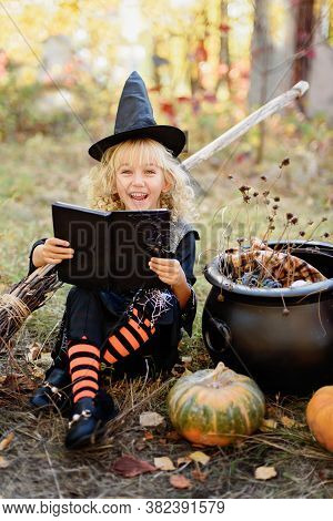 Beautiful Girl Witch. Little Girl In Which Costume Celebrate Halloween Outdoor And Have Fun. Kids Tr