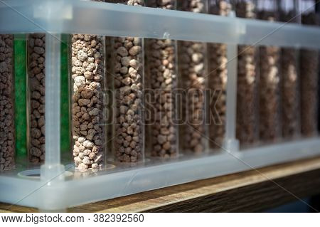 Multi-colored Granules Of Micronutrient Fertilizer In Test Tubes In A Row