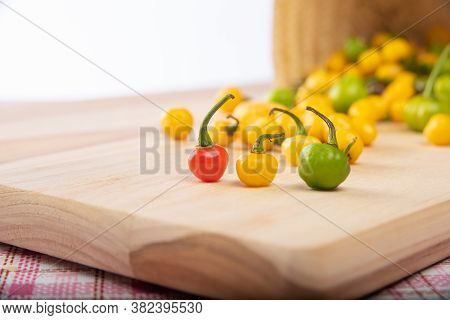 Colored Peppers Fallen From A Basket On A Table, Selective Focus.