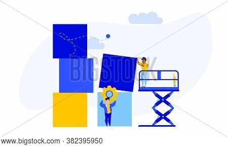 Advertising Puzzle From Cube Block Vector Flat Illustration. Analytics Chart Business Job People Tea