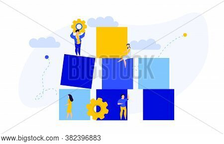 Advertising Puzzle From Cube Block Vector Flat Illustration. Analytics Chart Business Job People Tea