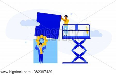Advertising Puzzle From Cube Block Vector Flat Illustration. Analytics Chart Business Job People Tea