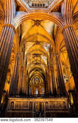 Barcelona, Catalonia, Europe, Spain, September 22, 2019. Awesome Interior Of The Cathedral Of The Ho