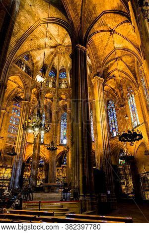 Barcelona, Catalonia, Europe, Spain, September 22, 2019. Awesome Interior Of The Cathedral Of The Ho
