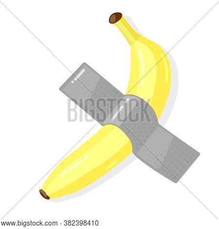 A Banana Taped To The Wall - Contemporary Of Art. Yellow Banana And Gray Duct Tape, Reinforced Duct 