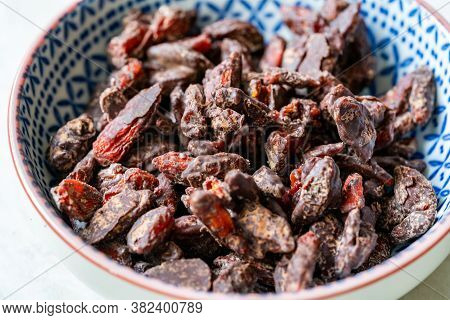 Bitter Chocolate Covered Goji Berries / Berry. Healthy Raw Organic Wolfberry Snacks.