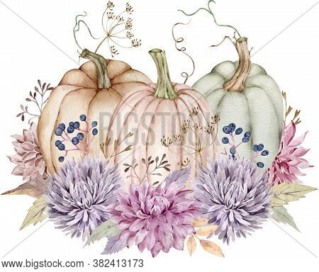 Watercolor Pumpkins Decorated With Fall Flowers, Autumn Leaves, Berries. Beautiful Floral And Pumpki