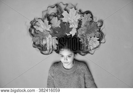 Haircare Tips Add To Fall Routine. Little Girl Gorgeous Long Hair And Fallen Maple Leaves. Deep Cond