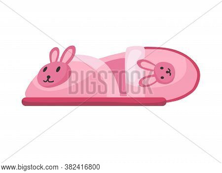 Home Footwear Slippers. Soft Comfortable Slip On Shoe For Home In The Form Of A Pink Rabbit. Pair Sl