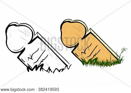 Vector Doodle Hand Draw Sketch, Islma Wooden Grave And Grass, Isolated On White.