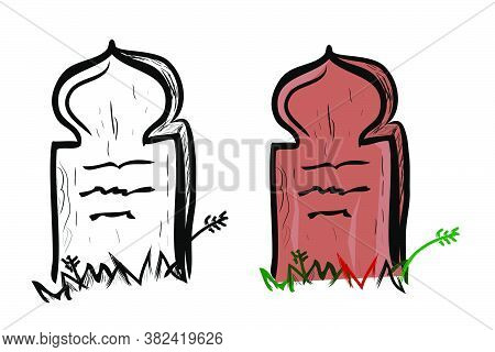 Vector Doodle Hand Draw Sketch, Islma Wooden Grave And Grass, Isolated On White.