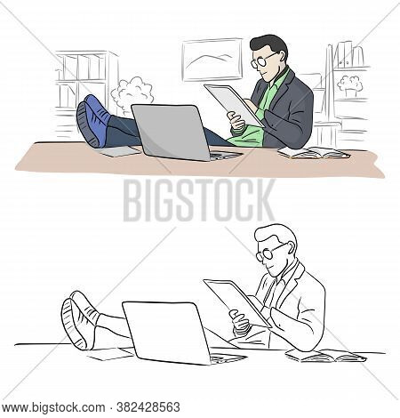 Businessman Using Tablet Pc And Laptop Computer With Leg On Table Vector Illustration Sketch Doodle 