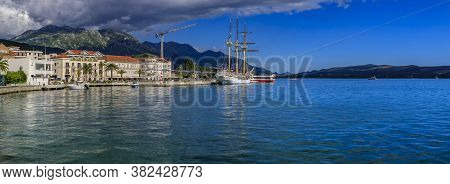 Tivat, Montenegro - May 31, 2019: Scenic View Of The Adriatic Sea, Luxury Residential Buildings And 