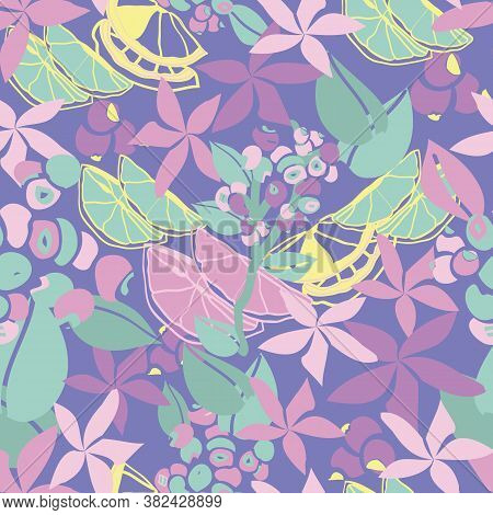 Vector Purple Seamless Pattern With Lemons, Blueberries, Leaves And Wild Flower Herbs.  Great For Ki