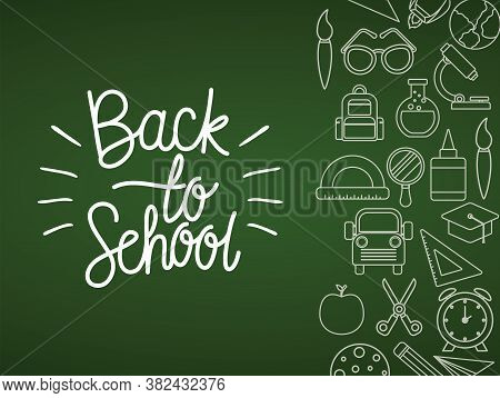 Chalck Icon Set On Green Board Design, Back To School Eduacation Class Lesson Theme Vector Illustrat