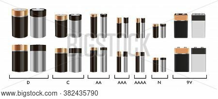 Realistic Alkaline Battery Vector Set. Isolated Objects On White Background. Diffrent Size Batteries