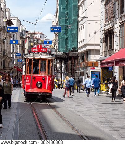 Istanbul, Turkey - May, 22, 2019: Front View Of The Taksim-tunel Tram In Istanbul