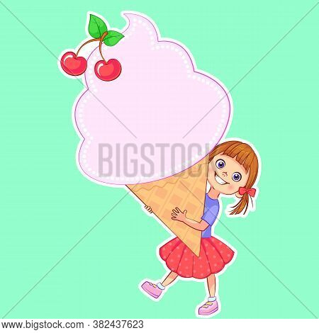 Invitation Card With Child And Ice Cream. Cute Kids Frame For Your Text. Decorative Badge, Greeting 