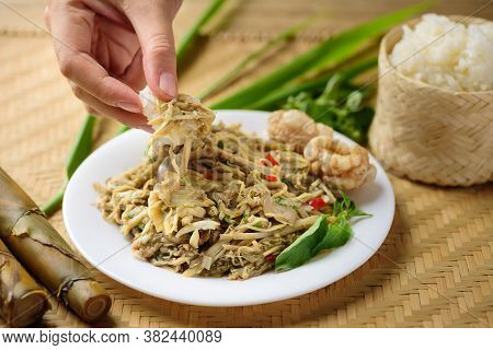 Northern Thai Food (yum Nor Mai), Spicy Bamboo Shoot Salad With Crab Paste Eating With Pork Rind, Gi