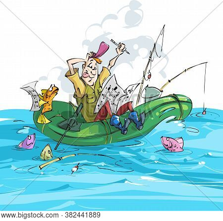 Fisherman And Fish. A Fisherman Is Doing A Crossword Puzzle On White Background