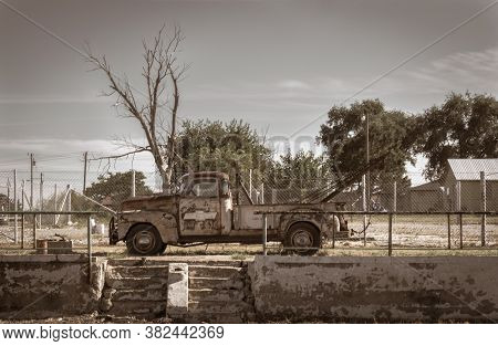 Shamrock Usa September 11 2015; Old Chevy Tow Truck, Parked And Left To Rust Away, Filter Old Image 